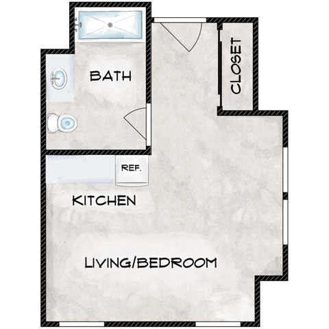 Floor plan for studio, 1 bath, 323 sqft